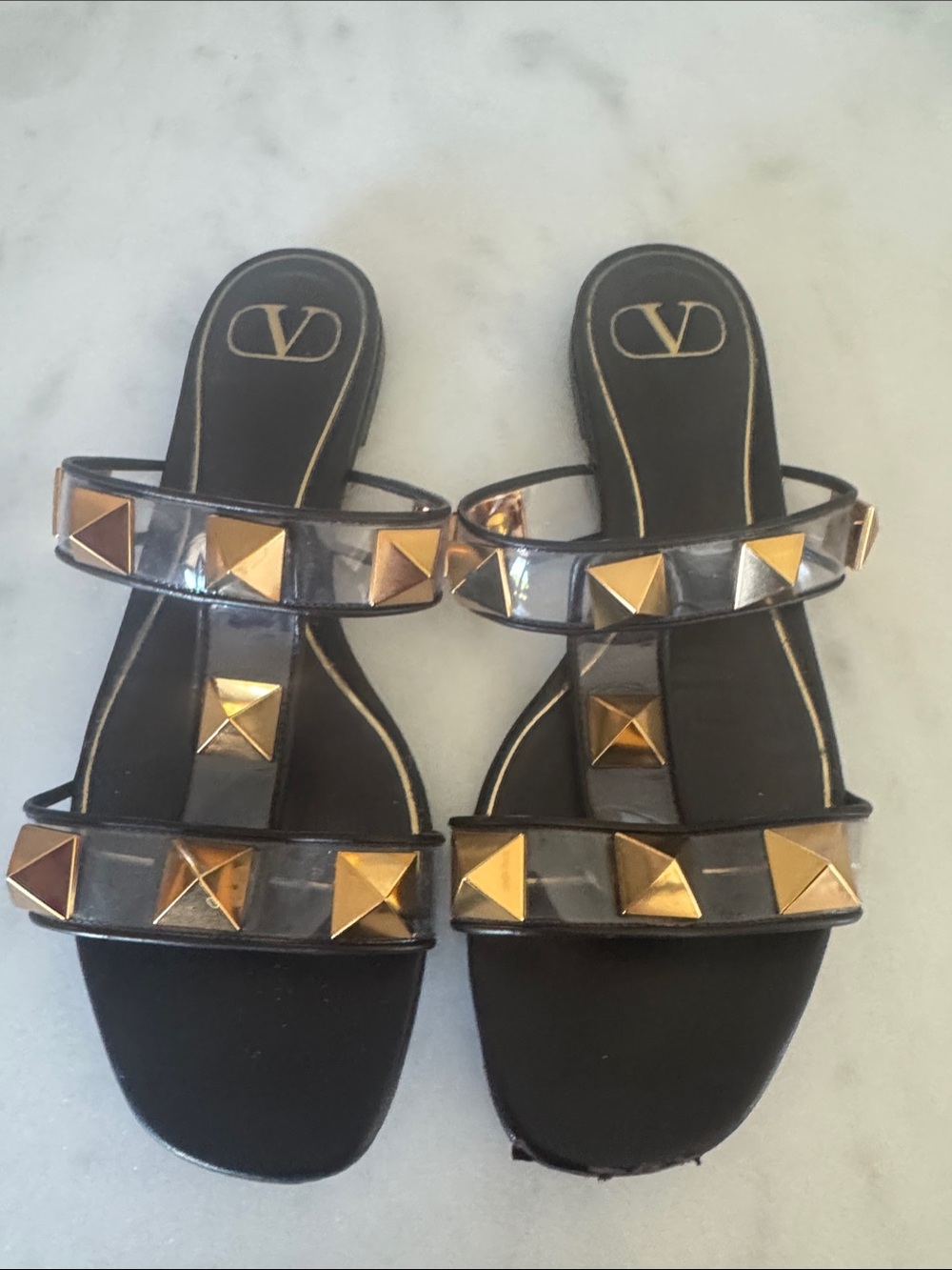 Valentino Brown Slide Sandals with Gold Pyramid Studs